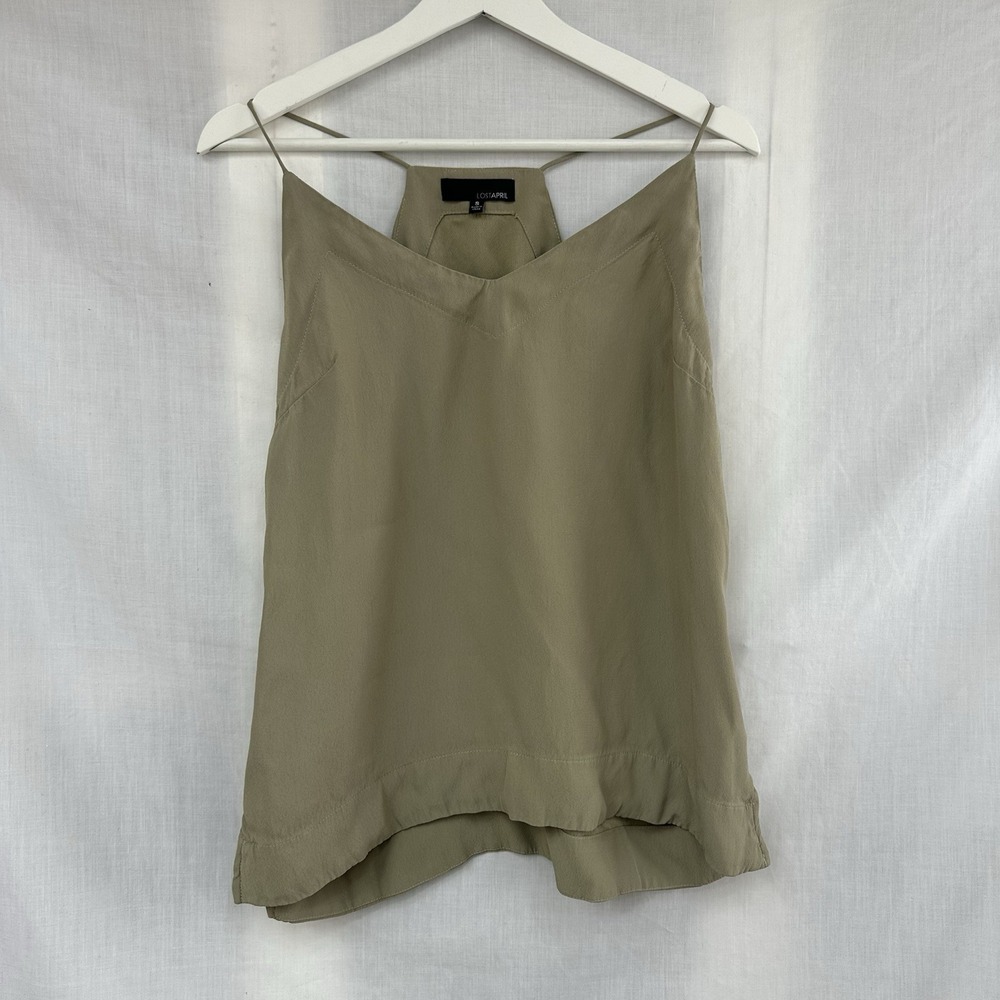 Lost april Womens Small Linen Khaki Green Olive Tank Top‎ Cami Spaghetti Strap